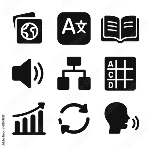 Language Learning Icons. Solid, filled icons set of language learning tools: flashcards, language app icon,