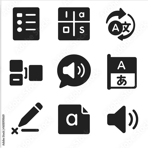 Language Learning Icons. Solid, filled icons set of language learning assistance: vocabulary list, verb