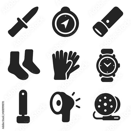 Diving Gear Icons. Solid, filled icon set of diving accessories: dive knife, compass, underwater flashlight, wetsuit boots, diving