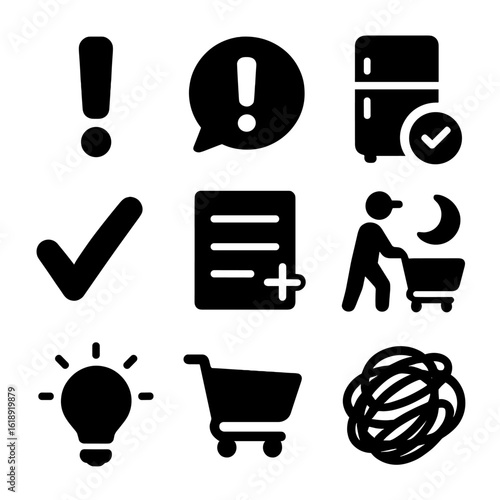 Last-Minute Grocery Icons. Solid, filled icons set of last-minute grocery additions: exclamation mark, urgent