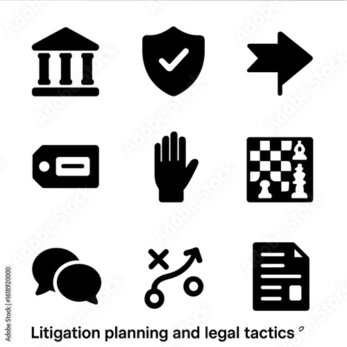 Legal Icons Grid. Solid, filled icons set of litigation planning and legal tactics: courtroom icon, defense