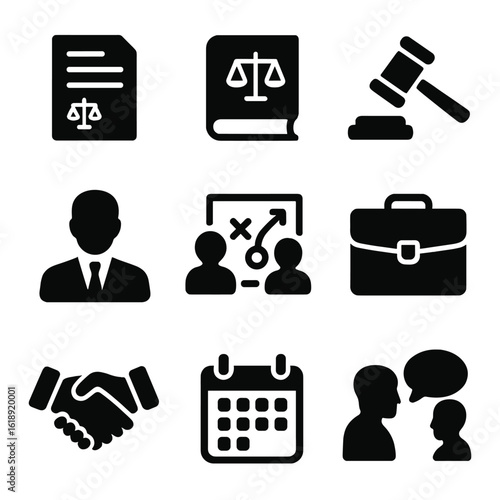Legal Icons Grid. Solid, filled icons set of legal professionals discussing case strategies: courtroom