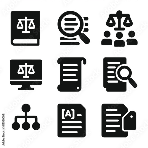 Legal Research Icons. Solid, filled icons set of legal research and strategy building: research book,
