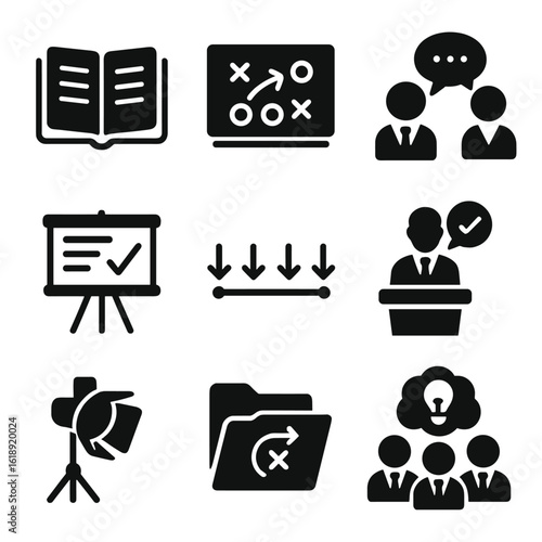 Legal Strategy Icons. Solid, filled icons set of trial strategy discussion between attorneys: open case binder