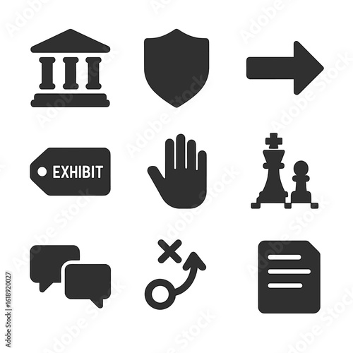 Legal Strategy Icons. Solid, filled icons set of litigation planning and legal tactics: courtroom icon,