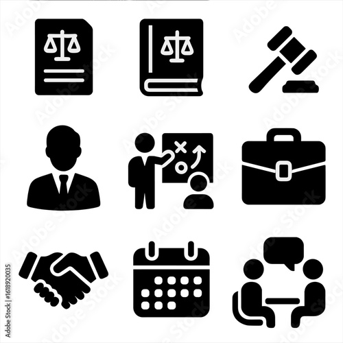 Legal Icons Set. Solid, filled icons set of legal professionals discussing case strategies: courtroom document