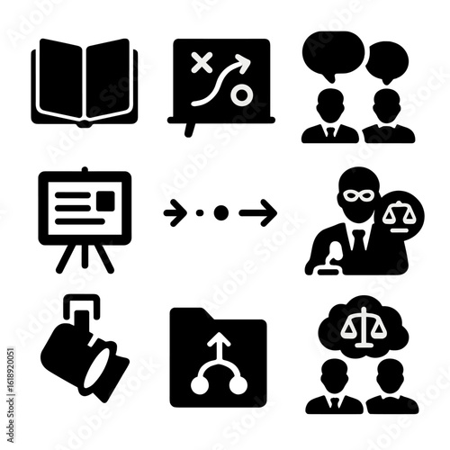 Legal Strategy Icons. Solid, filled icons set of trial strategy discussion between attorneys: open case binder