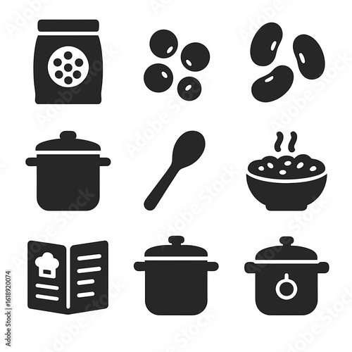 Legume Protein Icons. Solid, filled icons set of legume-based protein cooking: lentils bag, split peas, black