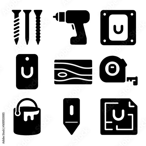 DIY Hook Icons. Solid, filled icons set of DIY and customizable hook setups: screw set, drill icon, mount