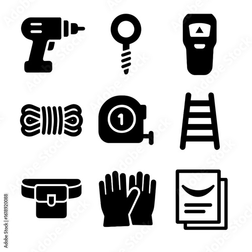 DIY Hammock Tools Icons. Solid, filled icons set of DIY backyard hammock: power drill, eye bolt, stud finder,