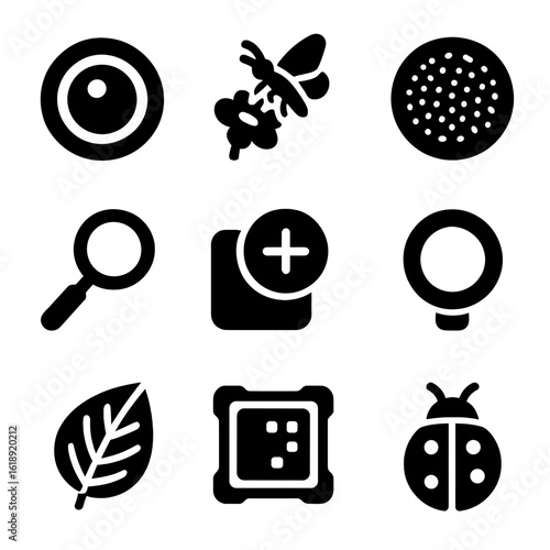Macro Photography Icons. Solid, filled icons set of macro photography: extreme close-up icon, insect on flower