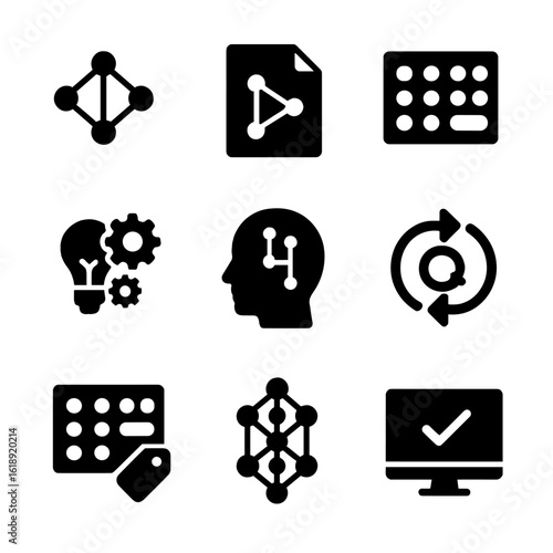 Machine Learning Icons Grid. Solid, filled icons set of machine learning for insights: neural network icon, ML