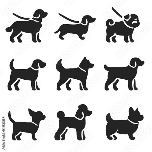 Dog Breed Icons. Solid, filled icons set of dog breeds on neighborhood walks: golden retriever, dachshund, pug