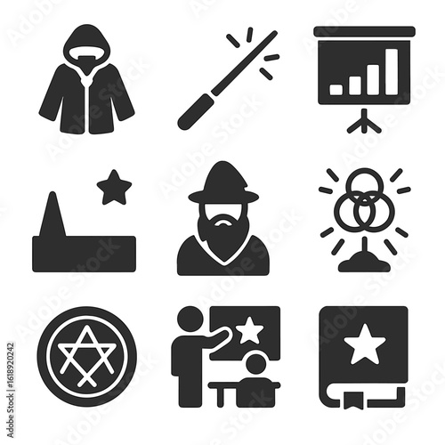 Magic Training Icon Set. Solid, filled icons set of magical training essentials: apprentice robe, practice