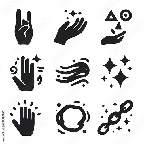 Magical Gesture Icons. Solid, filled icons set of spell casting gestures: hand signs, glowing fingertips,