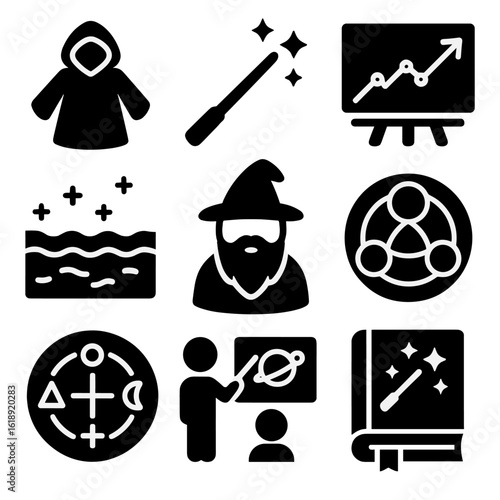 Magical Training Icons. Solid, filled icons set of magical training essentials: apprentice robe, practice wand