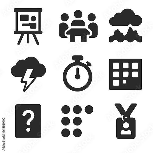 Marketing Workshop Icons. Solid, filled icons set of marketing workshop tools: flip chart, breakout group icon