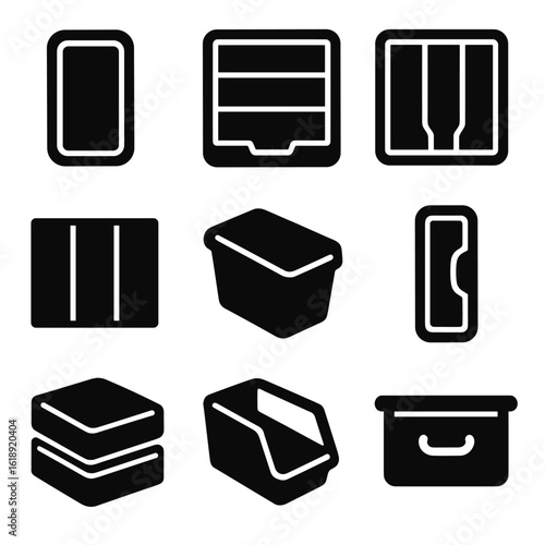 Drawer Storage Icons. Solid, filled icons set of deep drawer storage solutions: vertical tray, layered insert,