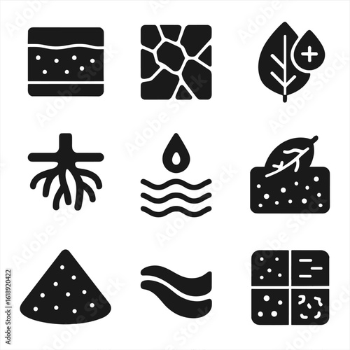 Marshland Soil Icons. Solid, filled icons set of marshland soil and sediment: peat layer, mud cracks, nutrient