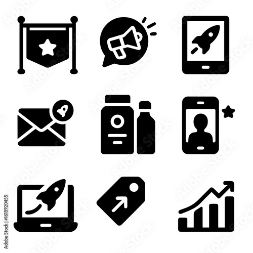 Marketing Icon Set. Solid, filled icons set of brand launch and marketing rollouts: campaign banner, social