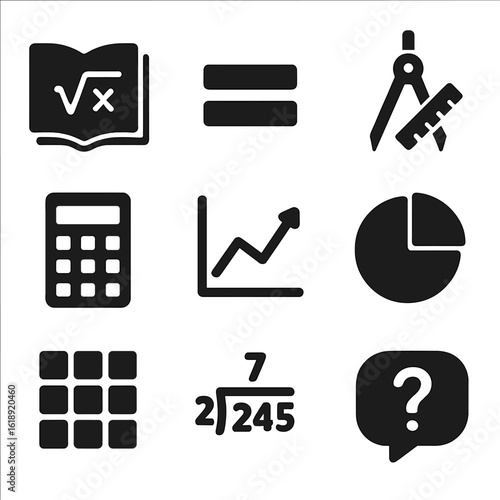 Math Icons Collection. Solid, filled icons set of math problem-solving guidance: math book, equation sign,