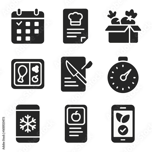 Meal Kit Icon Set. Solid, filled icons set of meal subscription and prepped food kits: weekly plan icon,