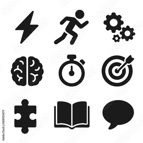 Mental Agility Icons. Solid, filled icons set of mental agility: lightning bolt, running figure, gears, brain,