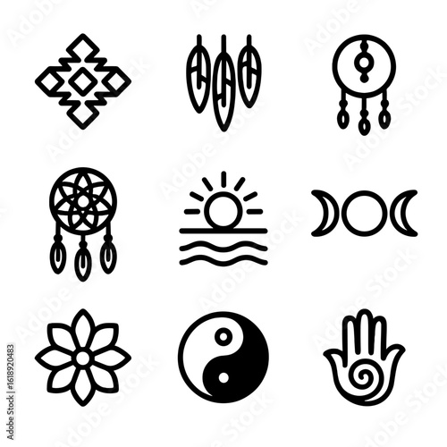 Dreamcatcher Icon Set. Solid, filled icon set of dreamcatcher cultural symbols: native pattern, sacred feathers, spiritual beads,