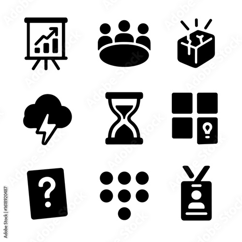 Marketing Workshop Icons. Solid, filled icons set of marketing workshop tools: flip chart, breakout group icon