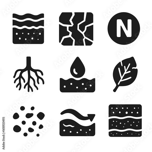 Marshland Soil Icon Set. Solid, filled icons set of marshland soil and sediment: peat layer, mud cracks,