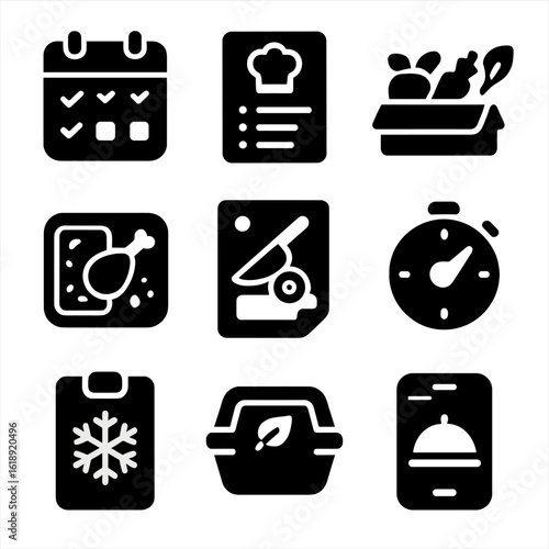Meal Kit Icon Set. Solid, filled icons set of meal subscription and prepped food kits: weekly plan icon,