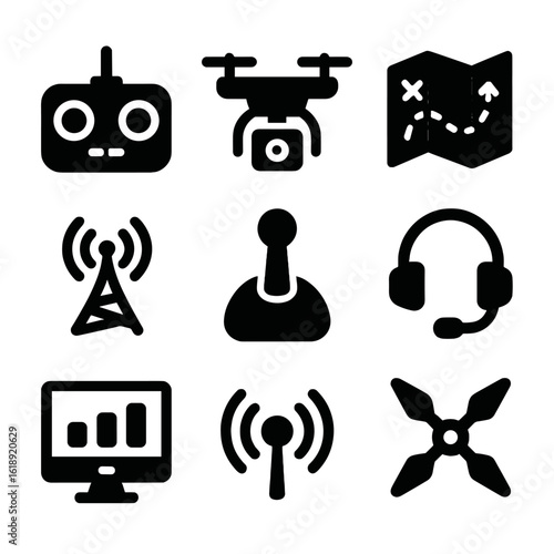 Drone Control Icon Set. Solid, filled icon set of drone control operations: controller device, drone camera, flight plan, antenna,