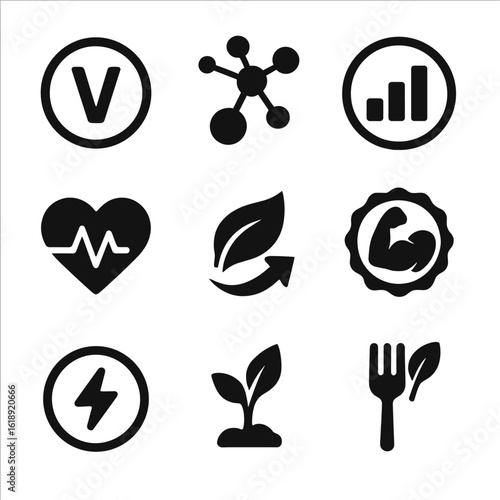 Microgreens Benefits Icons. Solid, filled icons set of nutrients and benefits of microgreens: vitamin symbol,