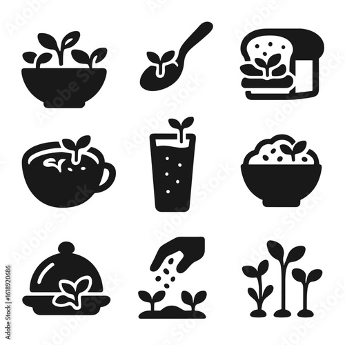 Microgreen Culinary Icons. Solid, filled icons set of microgreen meal and culinary uses: salad bowl, garnish