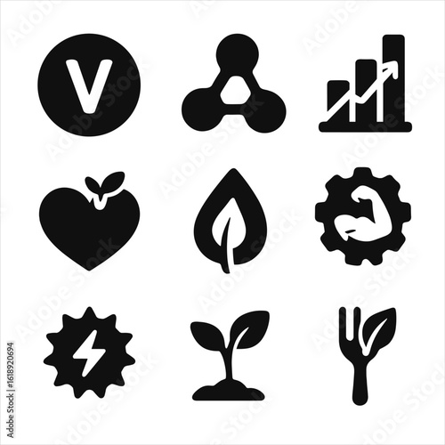 Microgreens Benefits Icons. Solid, filled icons set of nutrients and benefits of microgreens: vitamin symbol,