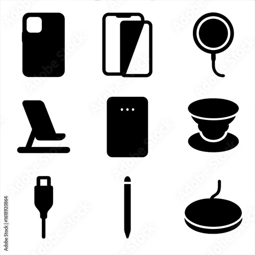 Mobile Accessories Icons. Solid, filled icons set of mobile device accessories: phone case, screen protector,