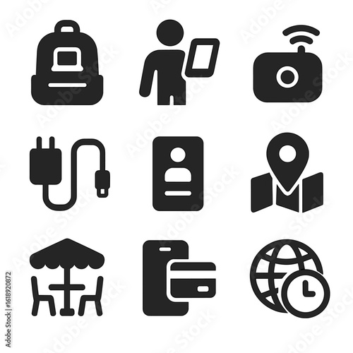 Mobile Freelancer Icons. Solid, filled icons set of mobile freelancers on-the-go: laptop backpack, tablet in