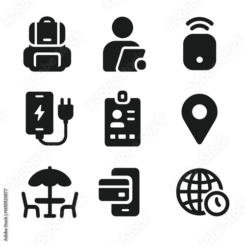 Mobile Freelancer Icons. Solid, filled icons set of mobile freelancers on-the-go: laptop backpack, tablet in