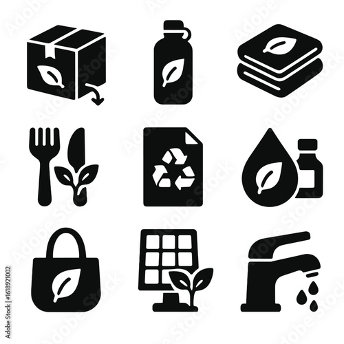 Eco-Conscious Design Icons. Solid, filled icons set of eco-conscious product design: biodegradable packaging,