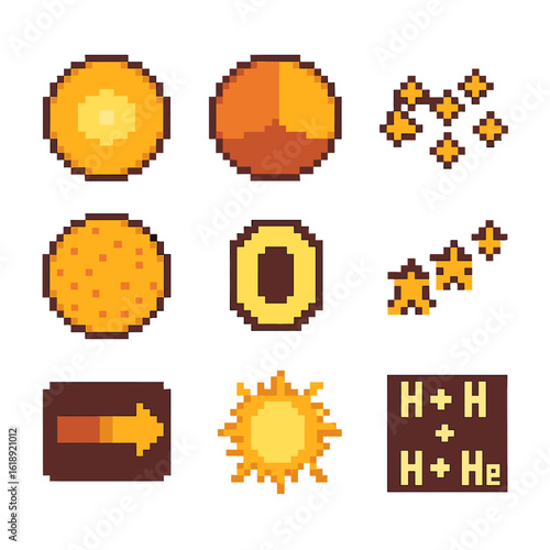 Main Sequence Star Icons. Pixel art icon set of main sequence stars: hydrogen fusion core, radiative zone, convective zone,