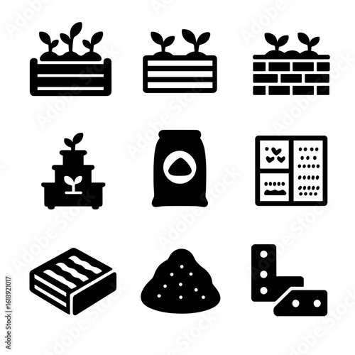 Modern Garden Icons. Solid, filled icons set of raised garden beds and planters: wooden planter box,