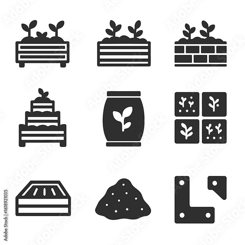 Modern Garden Icon Set. Solid, filled icons set of raised garden beds and planters: wooden planter box,