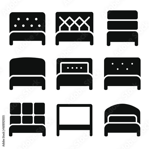 Modern Headboard Icon Grid. Solid, filled icons set of bold and modern headboard styles: tufted panel,
