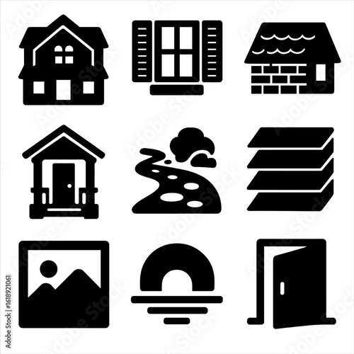 Modern Home Icon Set. Solid, filled icons set of residential housing photography: newly built home, window