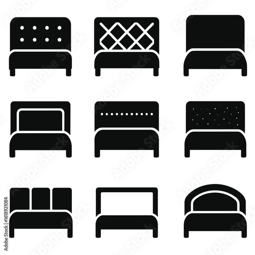 Modern Headboard Icon Grid. Solid, filled icons set of bold and modern headboard styles: tufted panel,