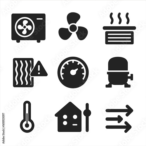 Modern HVAC Icons. Solid, filled icons set of HVAC system controls: HVAC unit, system fan icon, vent airflow,