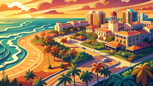 In this aerial view of West Palm Beach, Florida, soft waves reflect golden light beside vibrant neighborhoods. Semi-realistic textures highlight harmony between nature, urban life, and tropical breeze