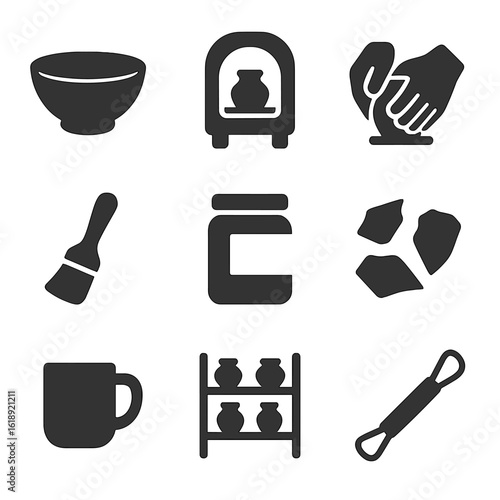 Modern Pottery Icons. Solid, filled icons set of pottery and ceramics: ceramic bowl, pottery kiln, gloved
