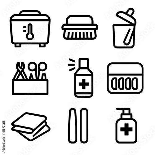 Manicure Tools Icons. Solid, filled icon set of Soft manicure tools maintenance: sterilizer, brush cleaner, nail file disposal,