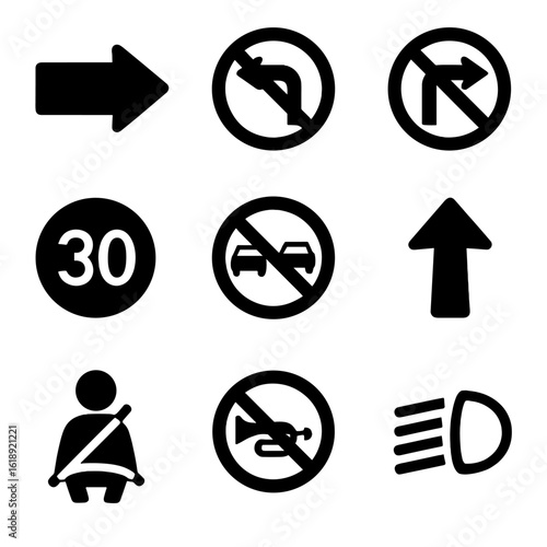 Modern Road Signs Grid. Solid, filled icons set of regulatory road signs: one way sign, no left turn, no right